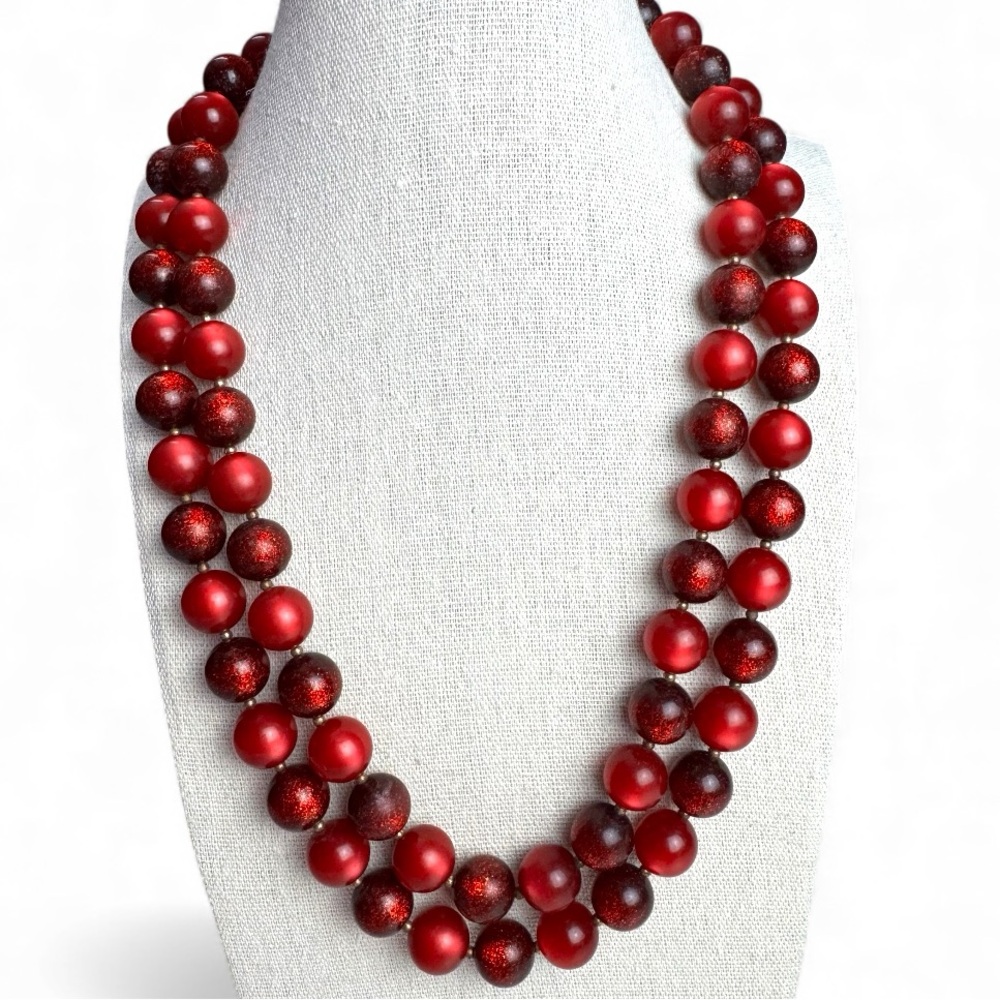 VINTAGE RARE RED CROWN TRIFARI LUCITE BEADED NECKLACE DOUBLE STRAND